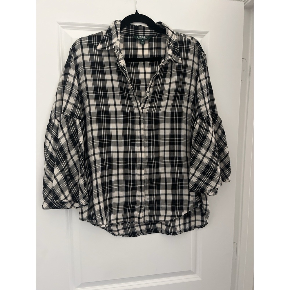 Lauren Ralph Lauren Plaid Shirt Womens M Black White Cotton Button Down Preppy - Picture 3 of 7